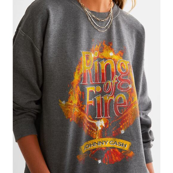 Johnny Cash Ring of Fire Band Black Vintage Wash Pullover Crewneck Sweatshirt - Picture 2 of 4